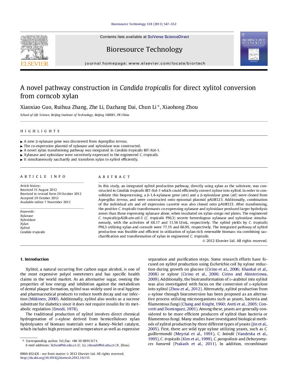 A novel pathway construction in Candida tropicalis for direct xylitol conversion from corncob xylan