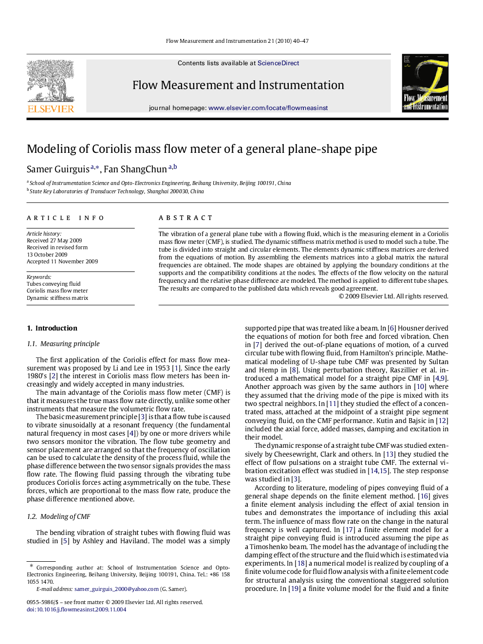 Modeling of Coriolis mass flow meter of a general plane-shape pipe