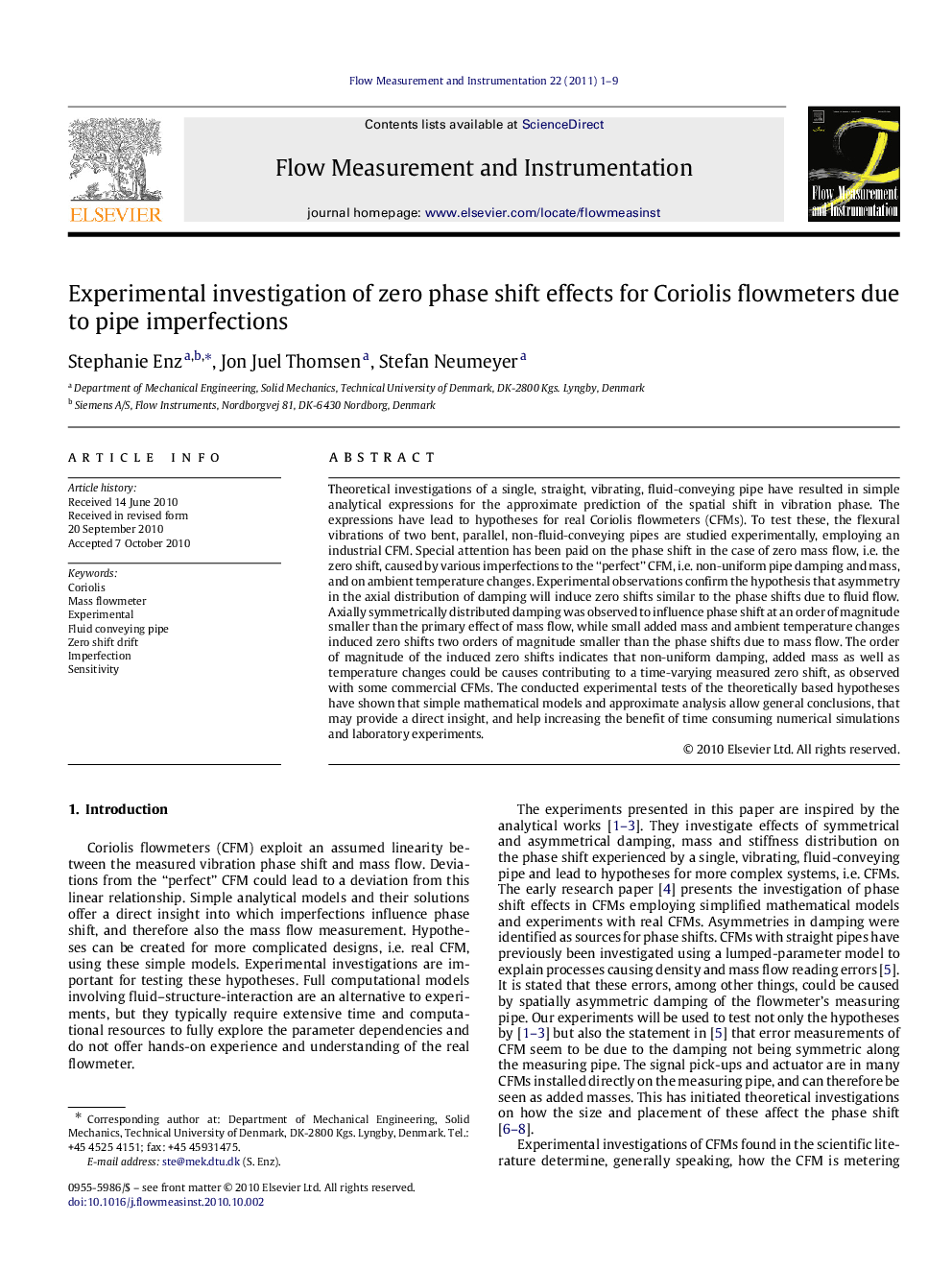 Experimental investigation of zero phase shift effects for Coriolis flowmeters due to pipe imperfections