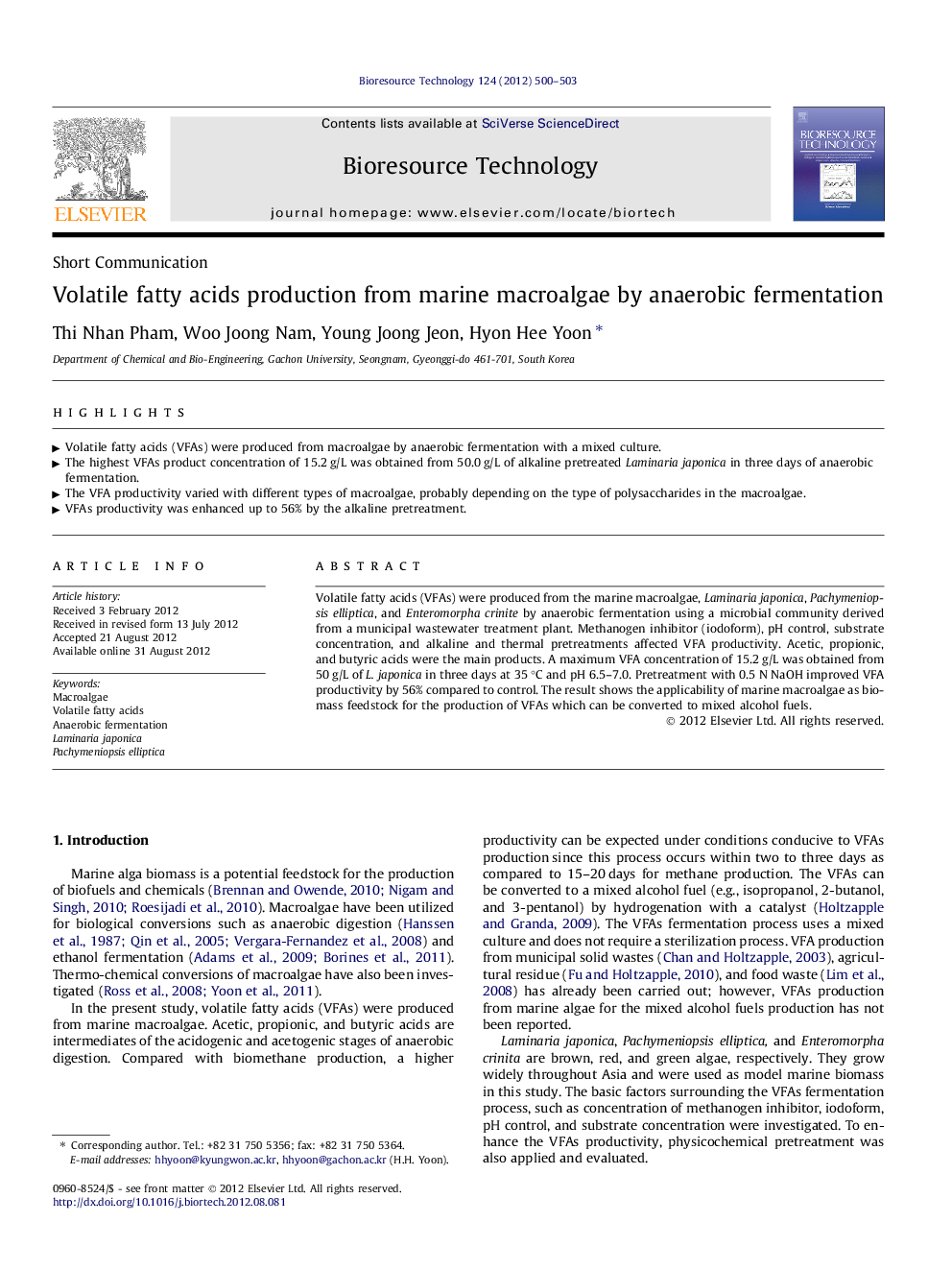 Volatile fatty acids production from marine macroalgae by anaerobic fermentation