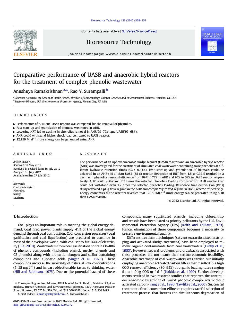 Comparative performance of UASB and anaerobic hybrid reactors for the treatment of complex phenolic wastewater