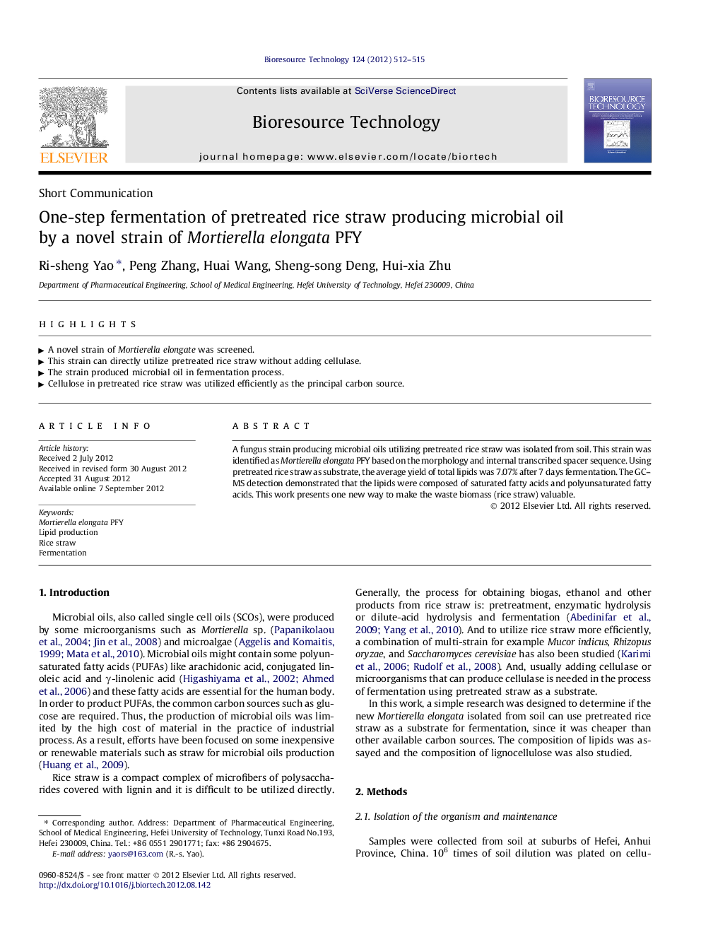 One-step fermentation of pretreated rice straw producing microbial oil by a novel strain of Mortierella elongata PFY