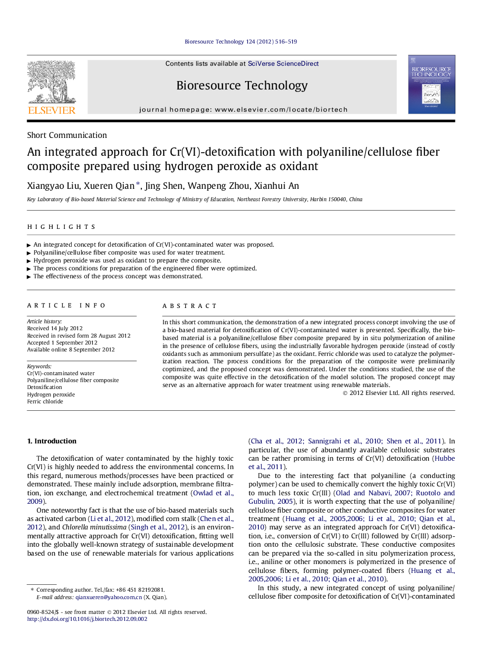 عکس صفحه اول مقاله: An integrated approach for Cr(VI)-detoxification with polyaniline/cellulose fiber composite prepared using hydrogen peroxide as oxidant An integrated approach for Cr(VI)-detoxification with polyaniline/cellulose fiber composite prepared using hydrogen peroxide as oxidant