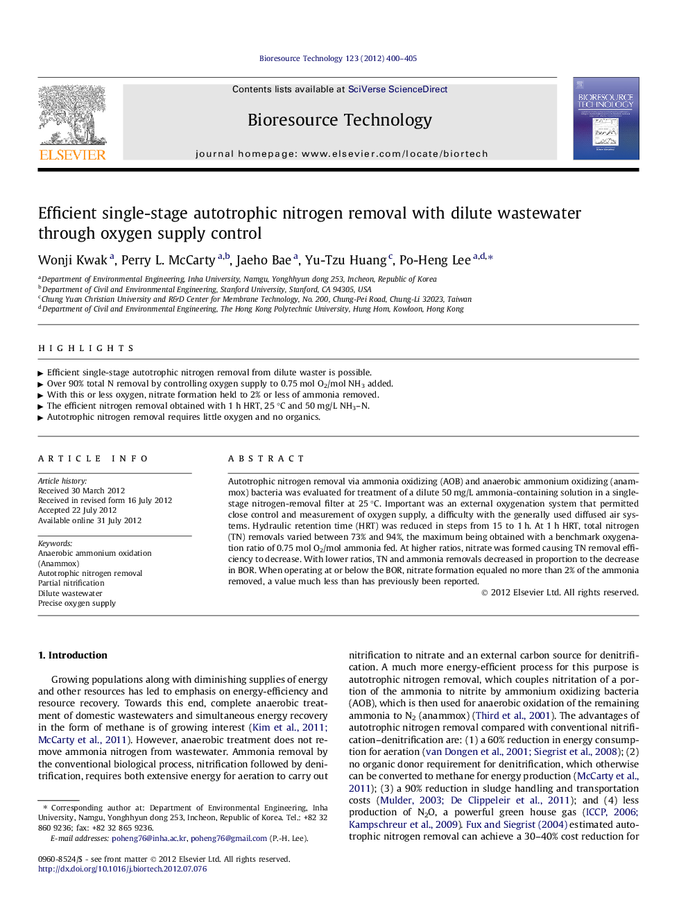 Efficient single-stage autotrophic nitrogen removal with dilute wastewater through oxygen supply control