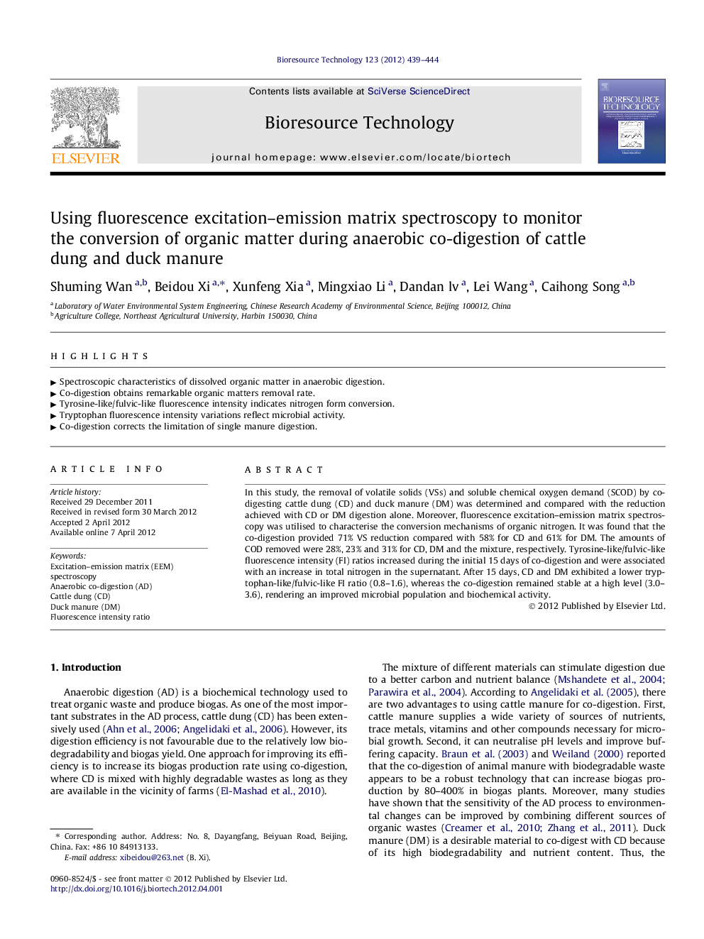 Using fluorescence excitation-emission matrix spectroscopy to monitor the conversion of organic matter during anaerobic co-digestion of cattle dung and duck manure