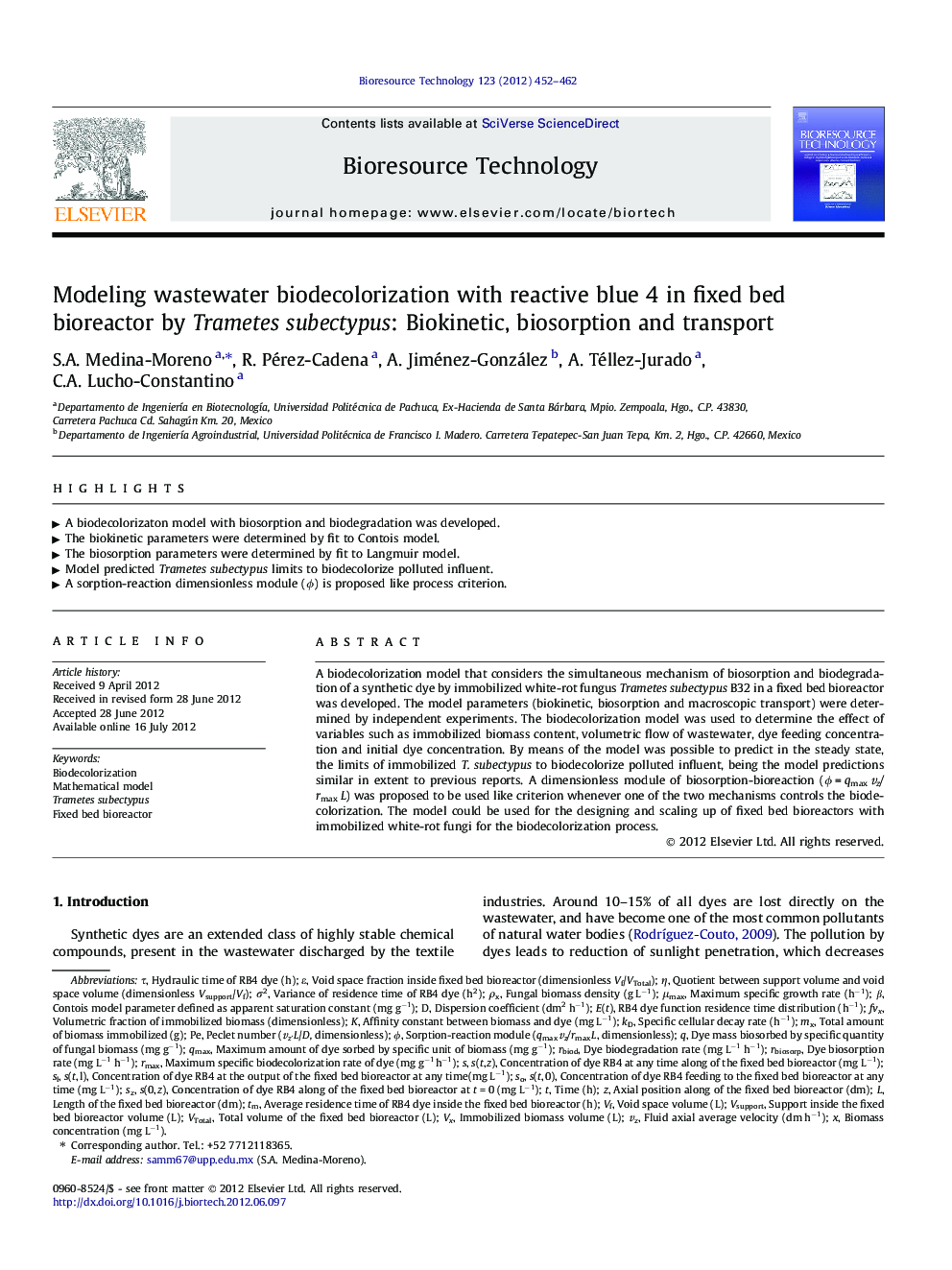 Modeling wastewater biodecolorization with reactive blue 4 in fixed bed bioreactor by Trametes subectypus: Biokinetic, biosorption and transport