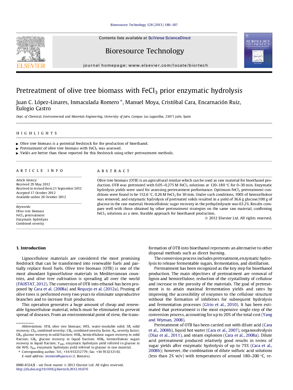 Pretreatment of olive tree biomass with FeCl3 prior enzymatic hydrolysis