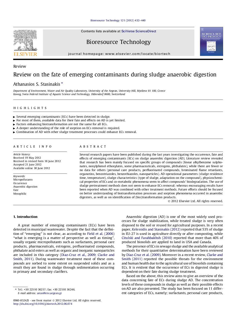 عکس صفحه اول مقاله: Review on the fate of emerging contaminants during sludge anaerobic digestion Review on the fate of emerging contaminants during sludge anaerobic digestion