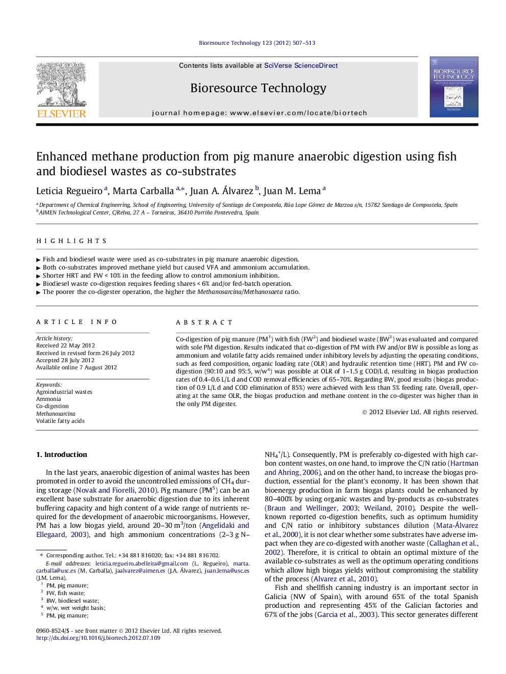 Enhanced methane production from pig manure anaerobic digestion using fish and biodiesel wastes as co-substrates