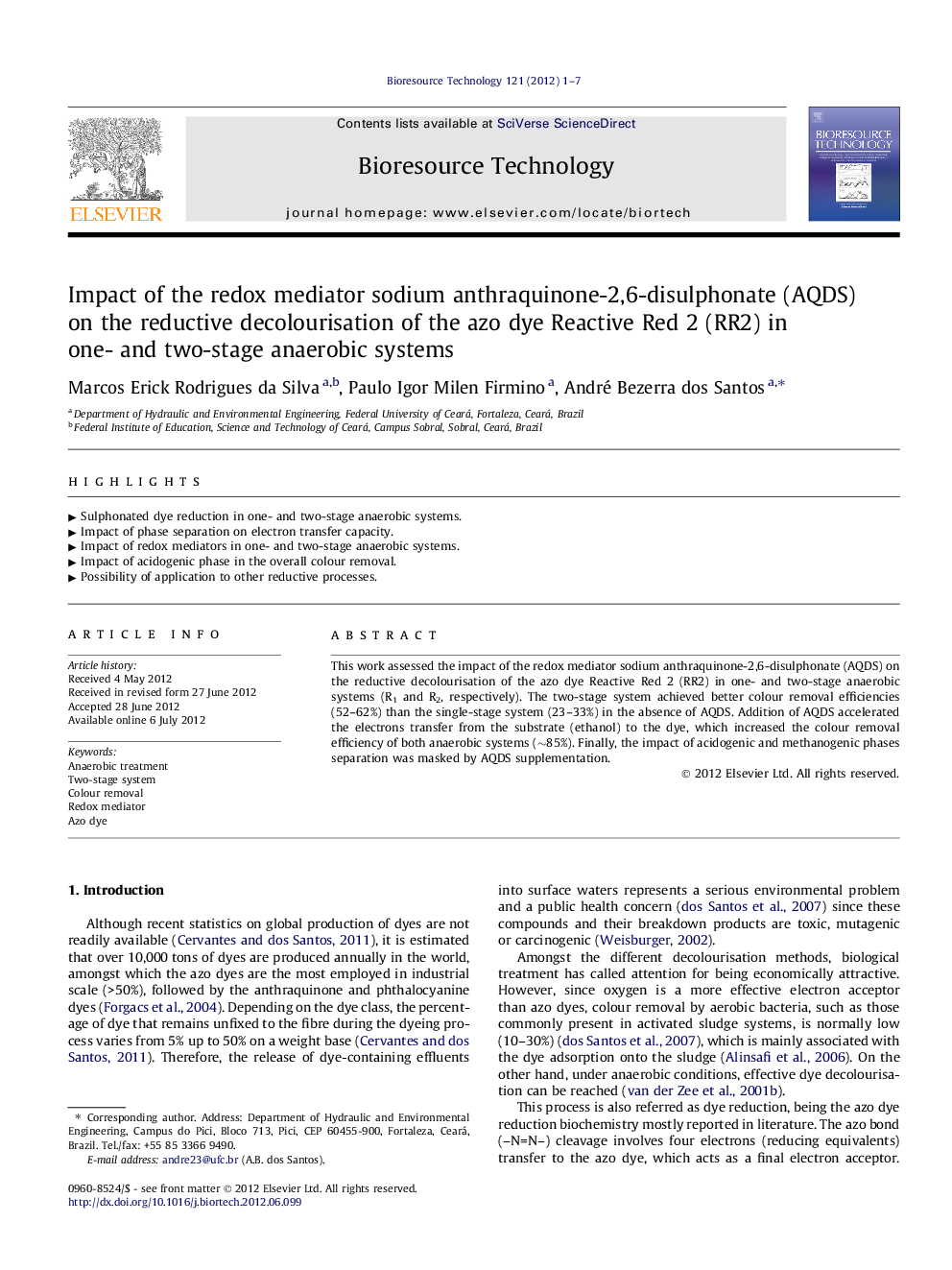 Impact of the redox mediator sodium anthraquinone-2,6-disulphonate (AQDS) on the reductive decolourisation of the azo dye Reactive Red 2 (RR2) in one- and two-stage anaerobic systems