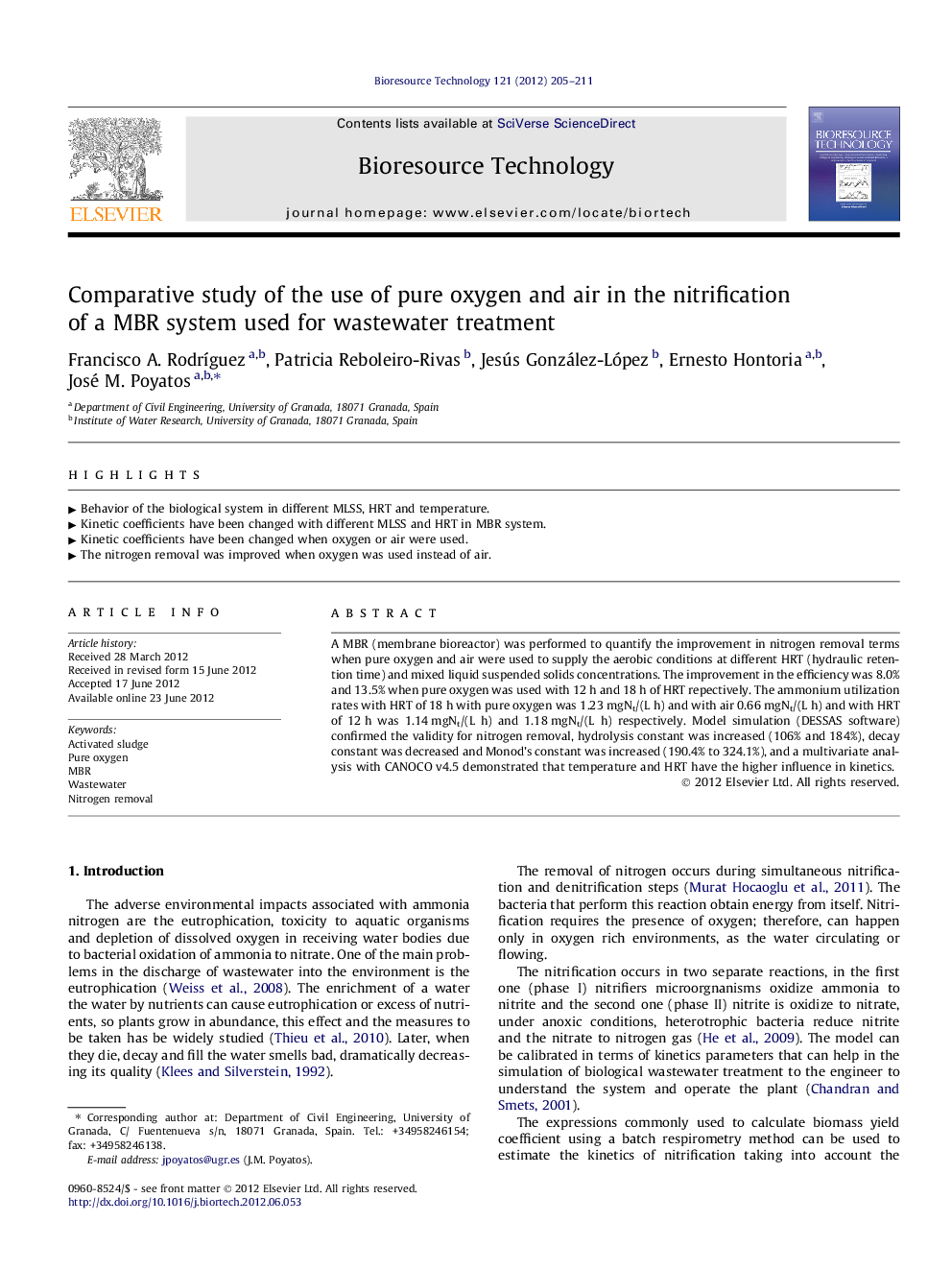 Comparative study of the use of pure oxygen and air in the nitrification of a MBR system used for wastewater treatment