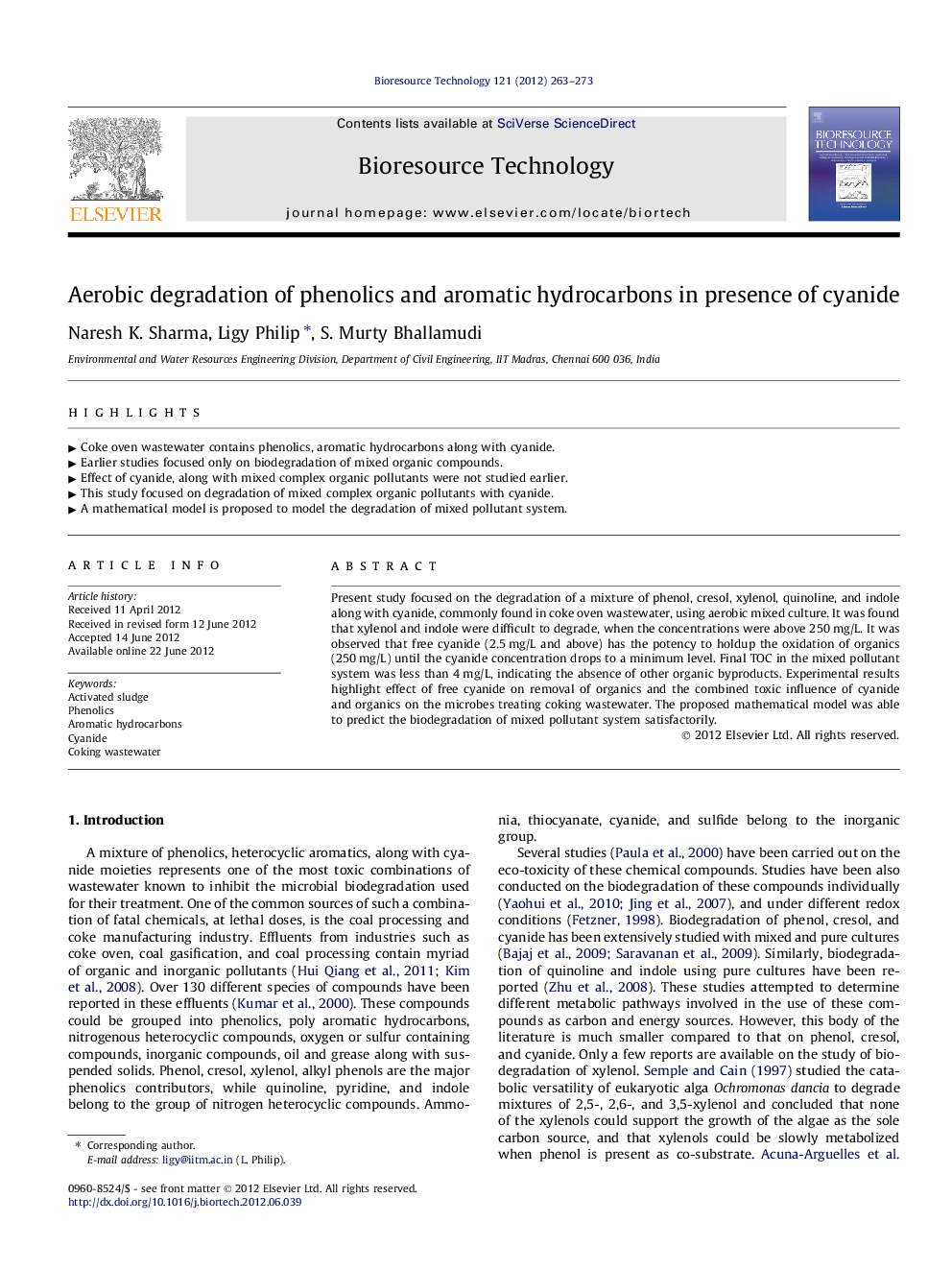عکس صفحه اول مقاله: Aerobic degradation of phenolics and aromatic hydrocarbons in presence of cyanide Aerobic degradation of phenolics and aromatic hydrocarbons in presence of cyanide