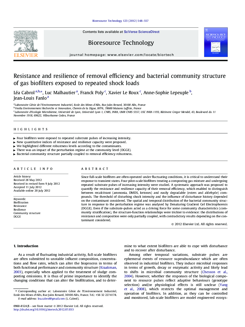 Resistance and resilience of removal efficiency and bacterial community structure of gas biofilters exposed to repeated shock loads