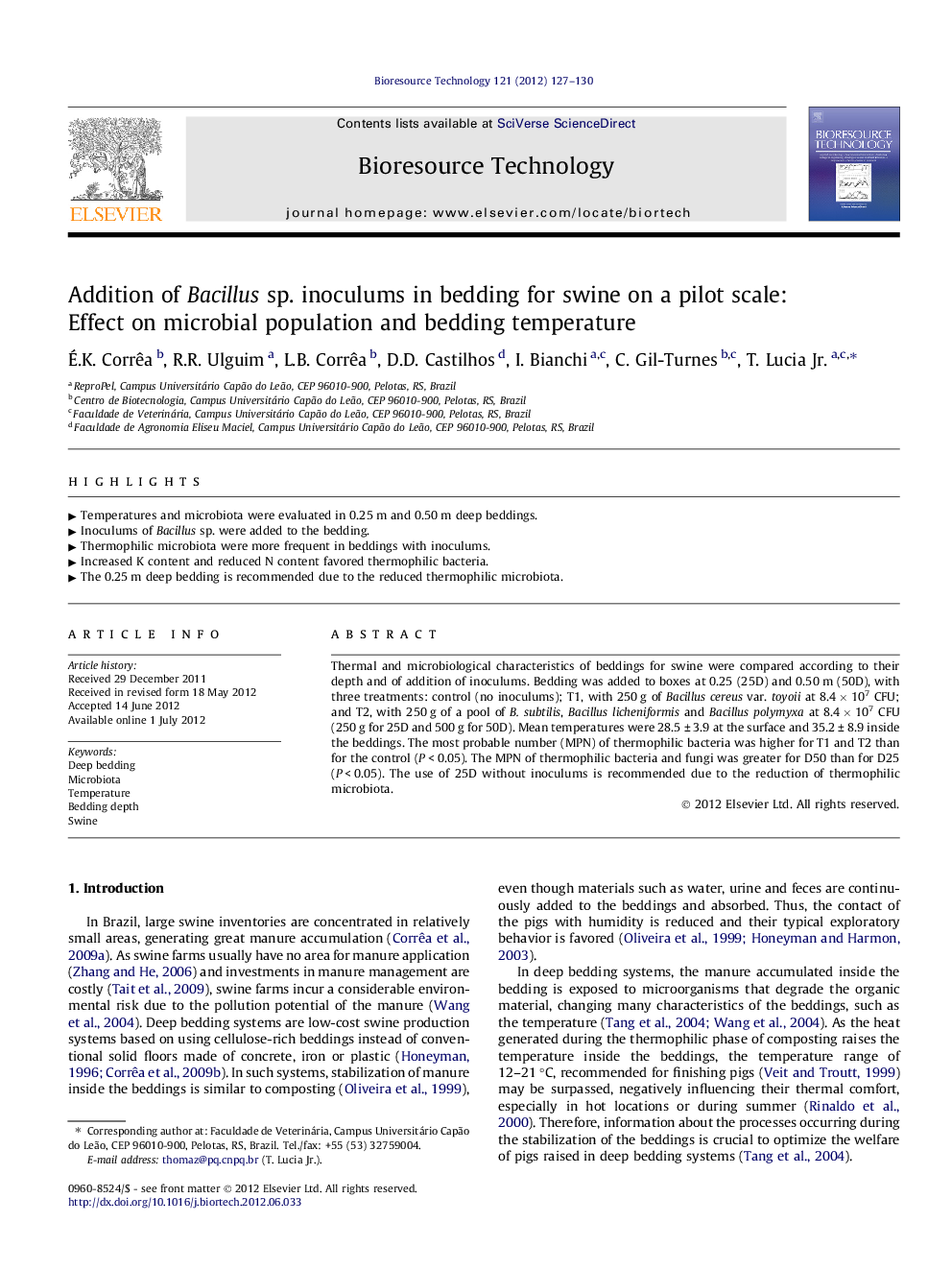 Addition of Bacillus sp. inoculums in bedding for swine on a pilot scale: Effect on microbial population and bedding temperature