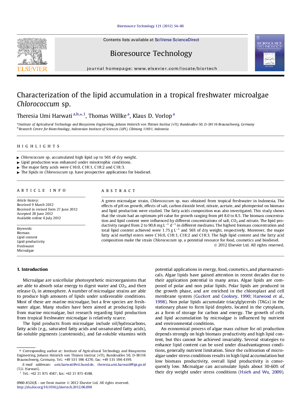 Characterization of the lipid accumulation in a tropical freshwater microalgae Chlorococcum sp.