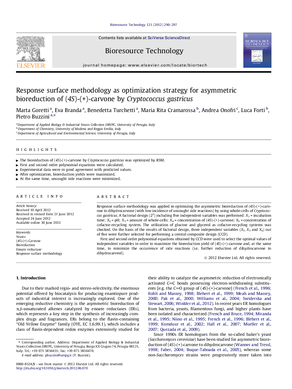 Response surface methodology as optimization strategy for asymmetric bioreduction of (4S)-(+)-carvone by Cryptococcus gastricus