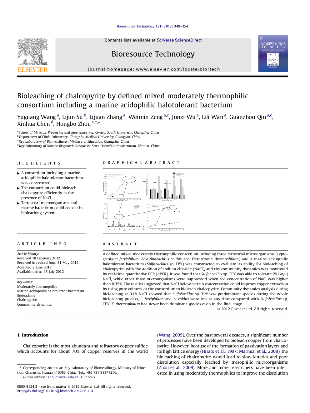 Bioleaching of chalcopyrite by defined mixed moderately thermophilic consortium including a marine acidophilic halotolerant bacterium