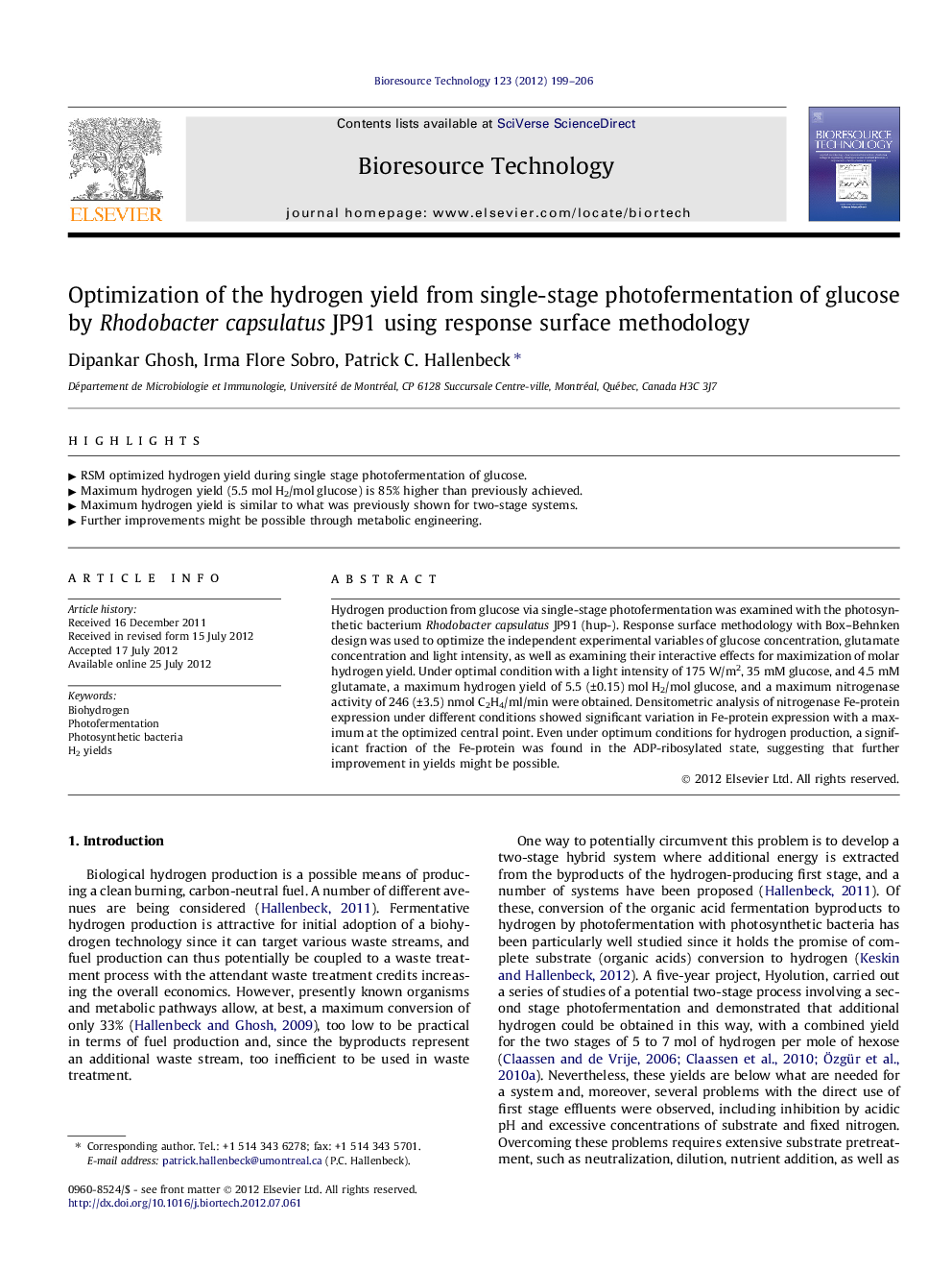 Optimization of the hydrogen yield from single-stage photofermentation of glucose by Rhodobacter capsulatus JP91 using response surface methodology