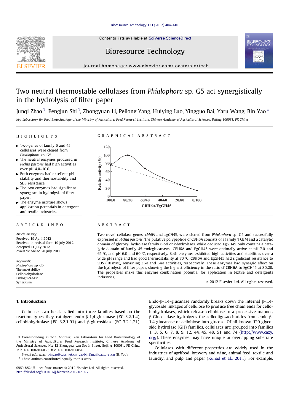 Two neutral thermostable cellulases from Phialophora sp. G5 act synergistically in the hydrolysis of filter paper