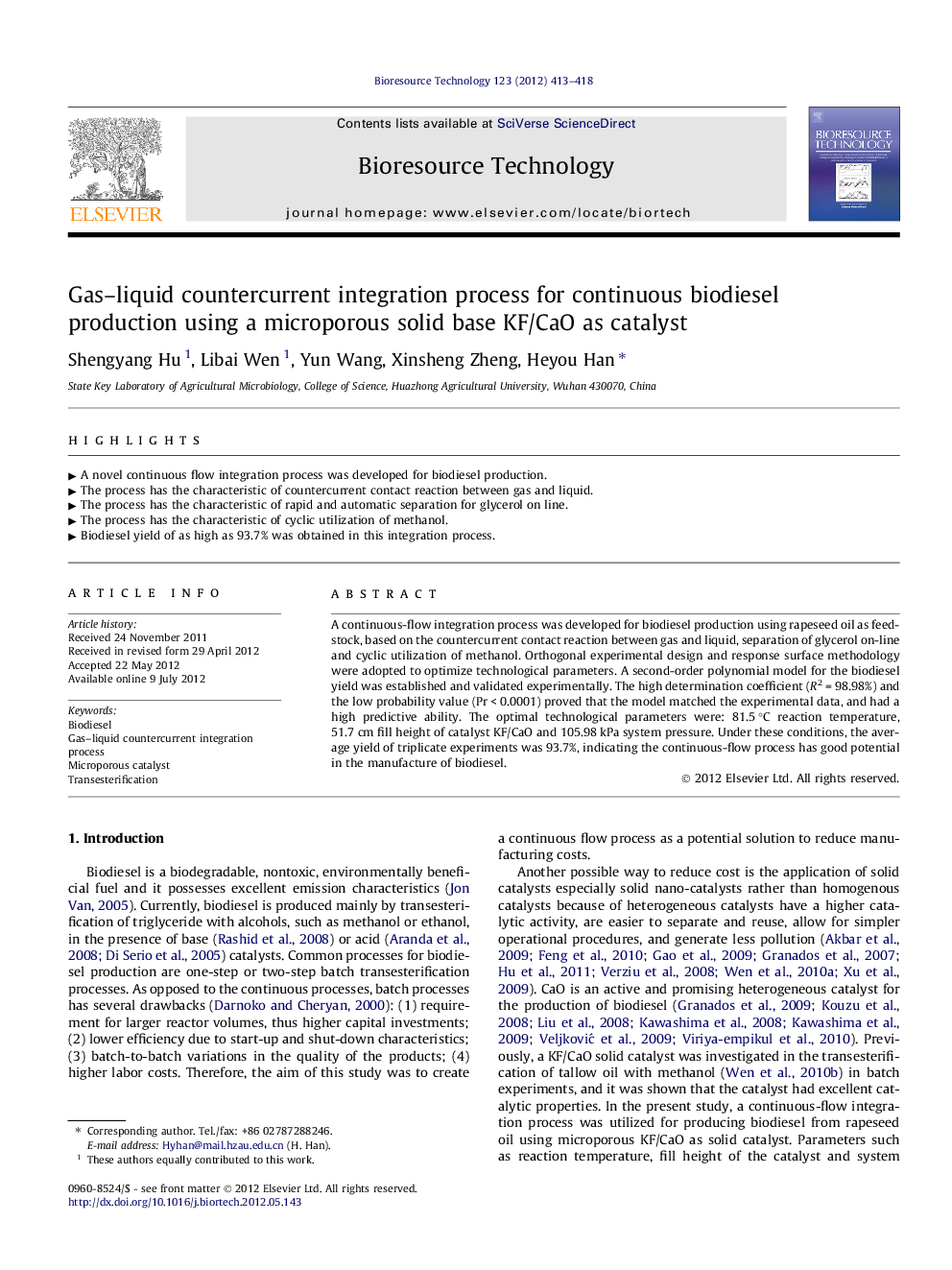 Gas-liquid countercurrent integration process for continuous biodiesel production using a microporous solid base KF/CaO as catalyst