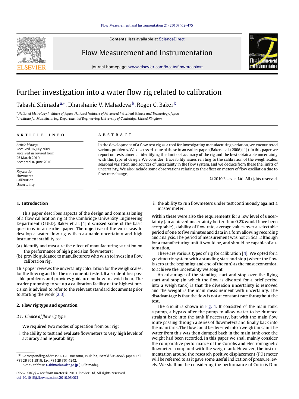 عکس صفحه اول مقاله: Further investigation into a water flow rig related to calibration Further investigation into a water flow rig related to calibration