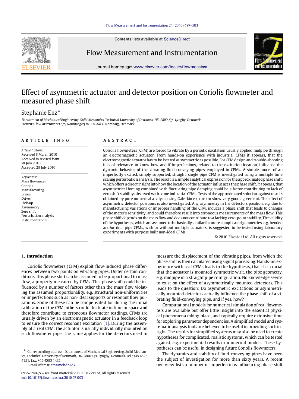 Effect of asymmetric actuator and detector position on Coriolis flowmeter and measured phase shift