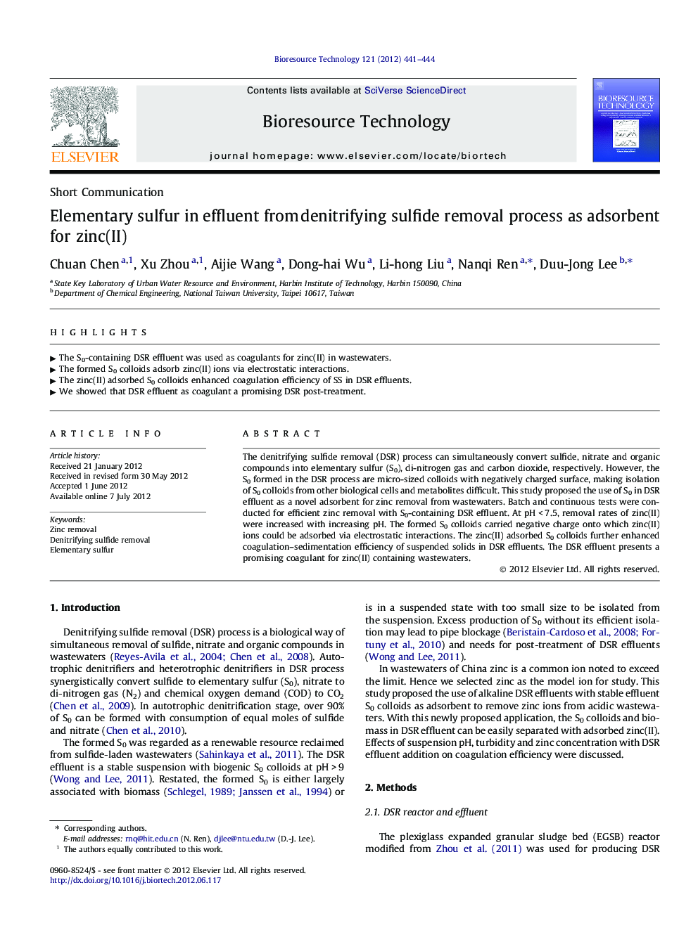 عکس صفحه اول مقاله: Elementary sulfur in effluent from denitrifying sulfide removal process as adsorbent for zinc(II) Elementary sulfur in effluent from denitrifying sulfide removal process as adsorbent for zinc(II)