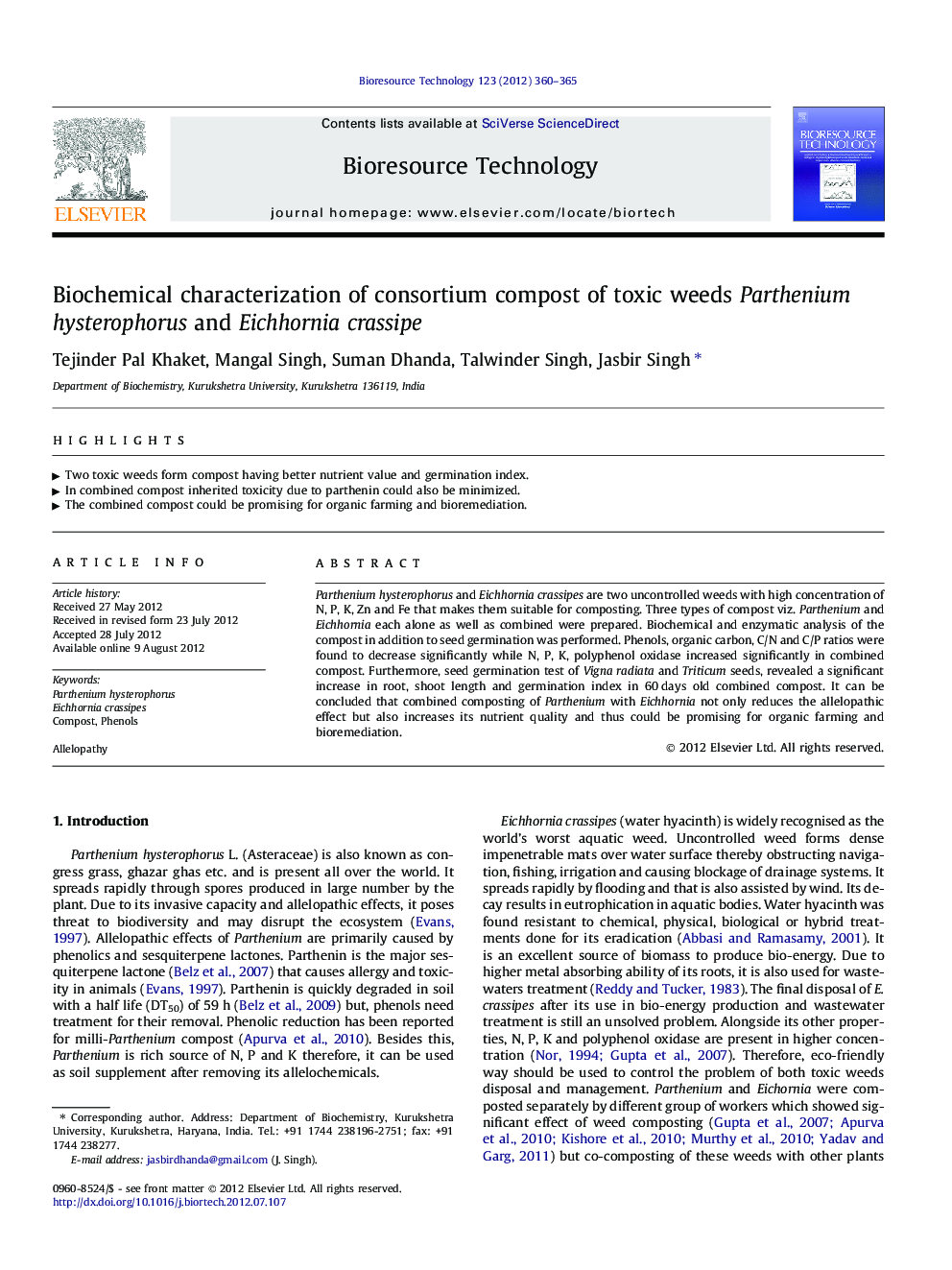 عکس صفحه اول مقاله: Biochemical characterization of consortium compost of toxic weeds Parthenium hysterophorus and Eichhornia crassipe Biochemical characterization of consortium compost of toxic weeds Parthenium hysterophorus and Eichhornia crassipe