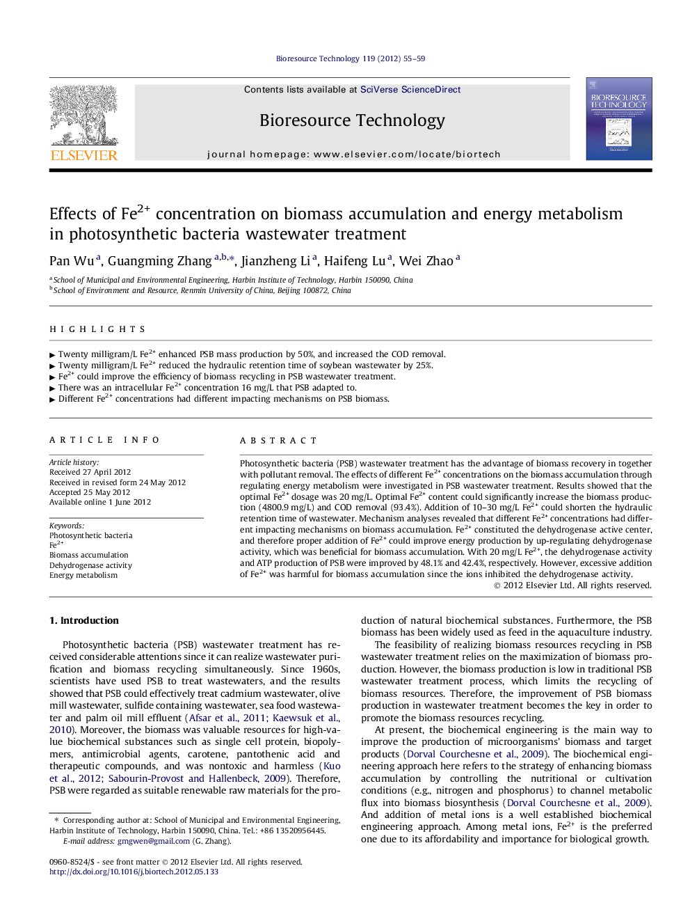 Effects of Fe2+ concentration on biomass accumulation and energy metabolism in photosynthetic bacteria wastewater treatment