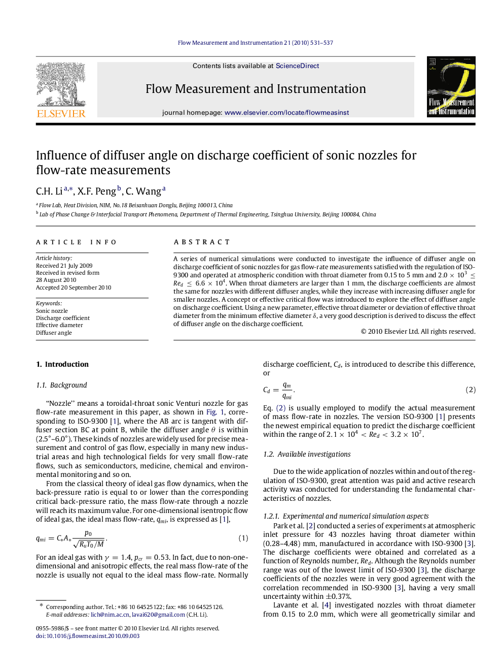 Influence of diffuser angle on discharge coefficient of sonic nozzles for flow-rate measurements