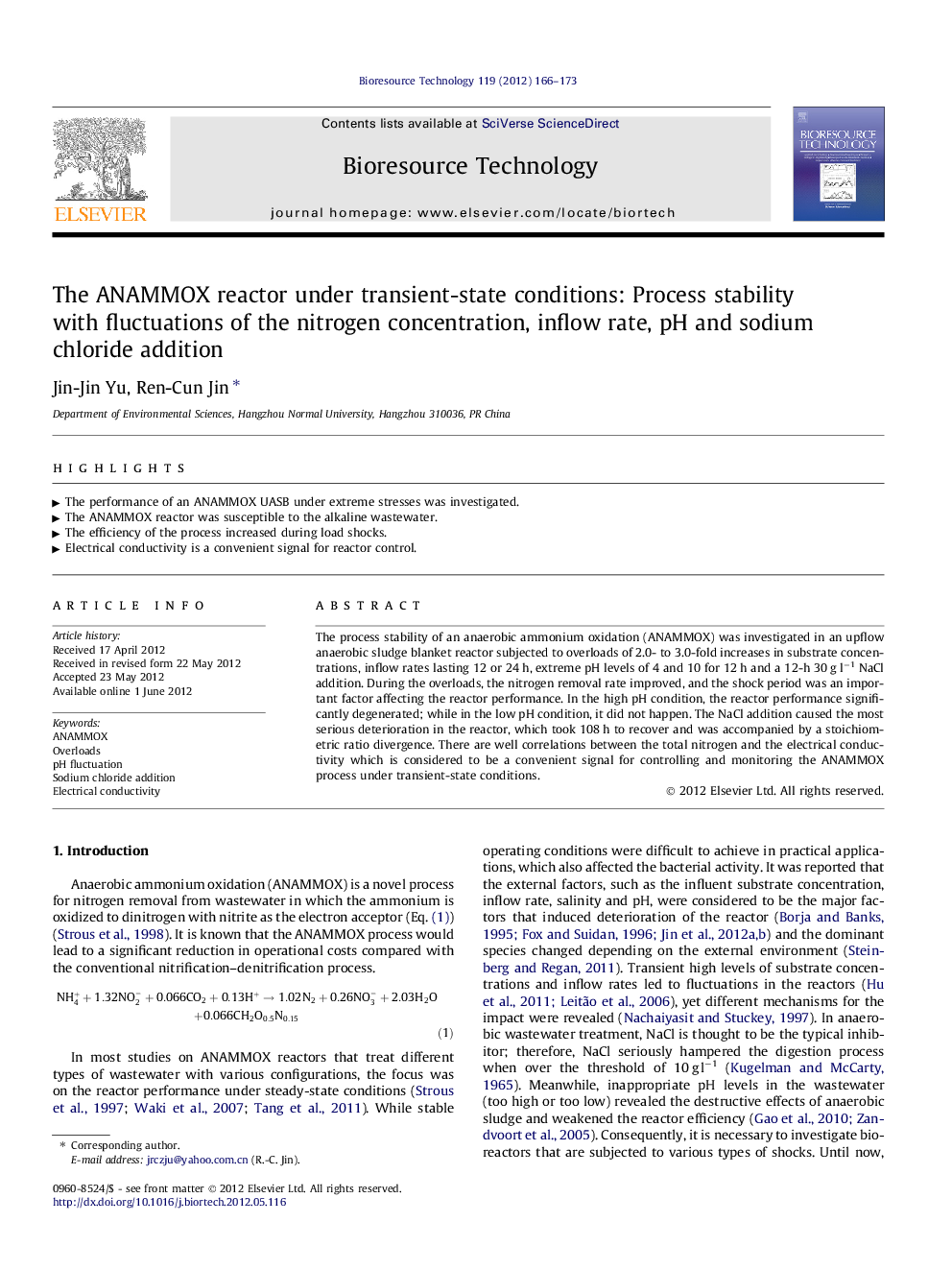 The ANAMMOX reactor under transient-state conditions: Process stability with fluctuations of the nitrogen concentration, inflow rate, pH and sodium chloride addition