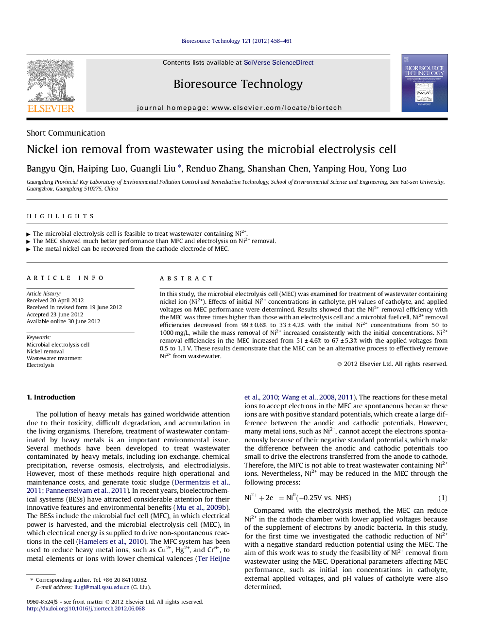 Nickel ion removal from wastewater using the microbial electrolysis cell