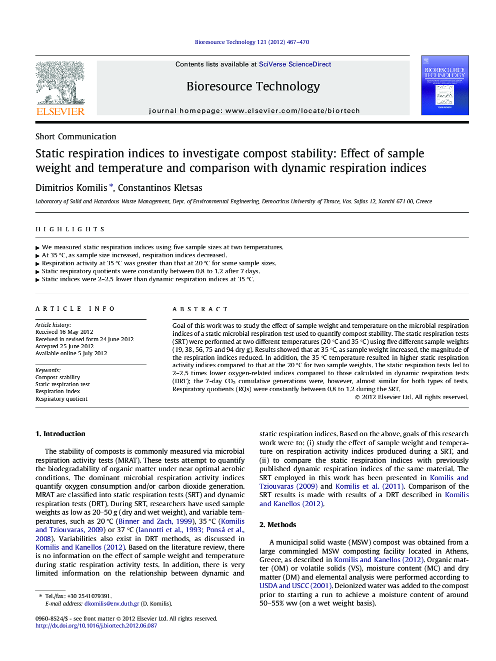 Static respiration indices to investigate compost stability: Effect of sample weight and temperature and comparison with dynamic respiration indices