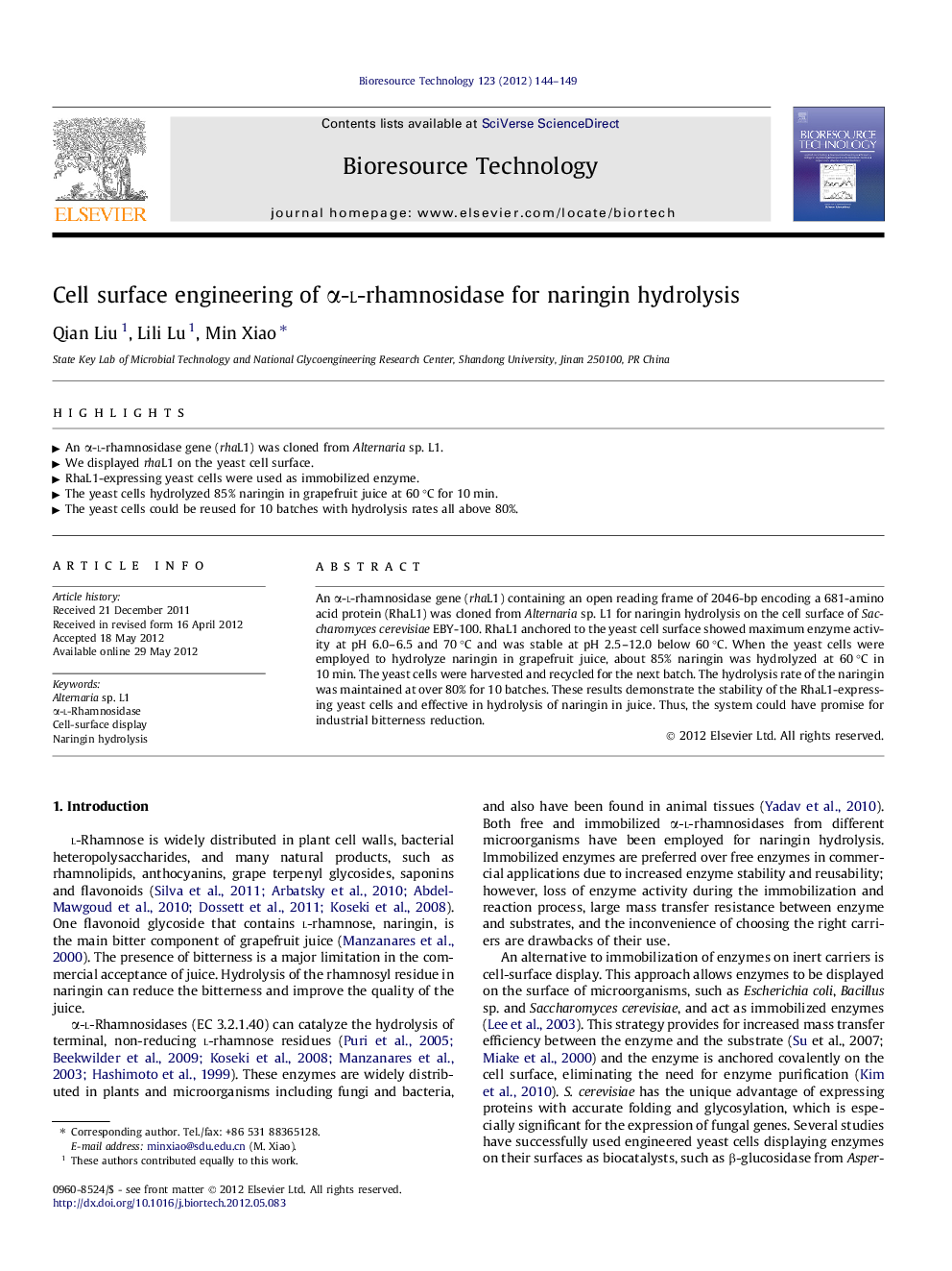 Cell surface engineering of Î±-l-rhamnosidase for naringin hydrolysis