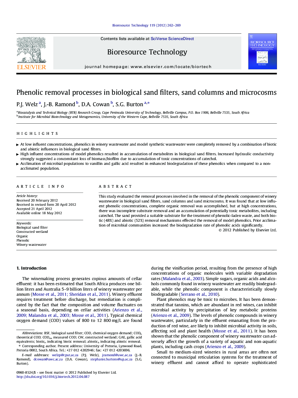 Phenolic removal processes in biological sand filters, sand columns and microcosms