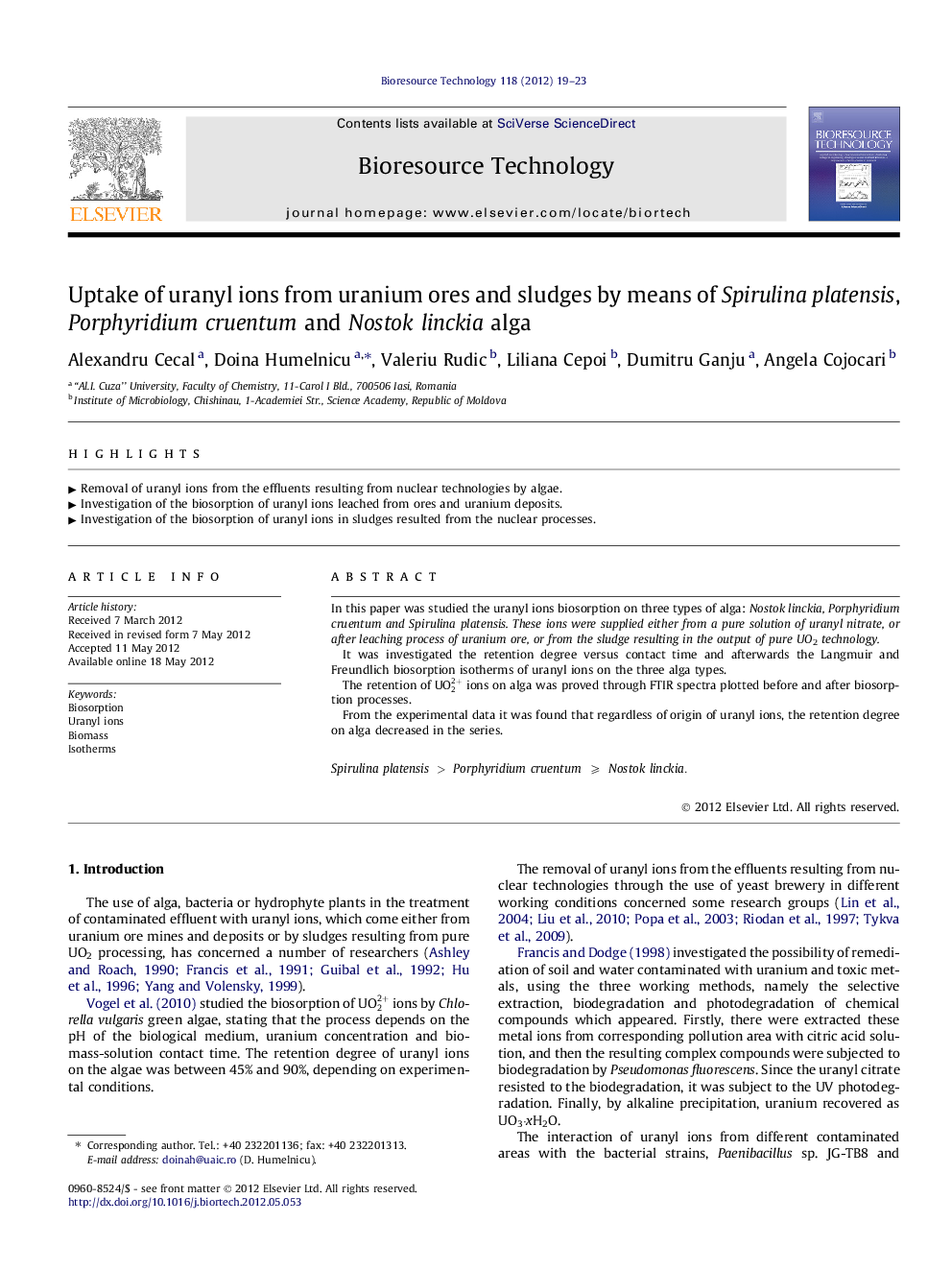 Uptake of uranyl ions from uranium ores and sludges by means of Spirulina platensis, Porphyridium cruentum and Nostok linckia alga