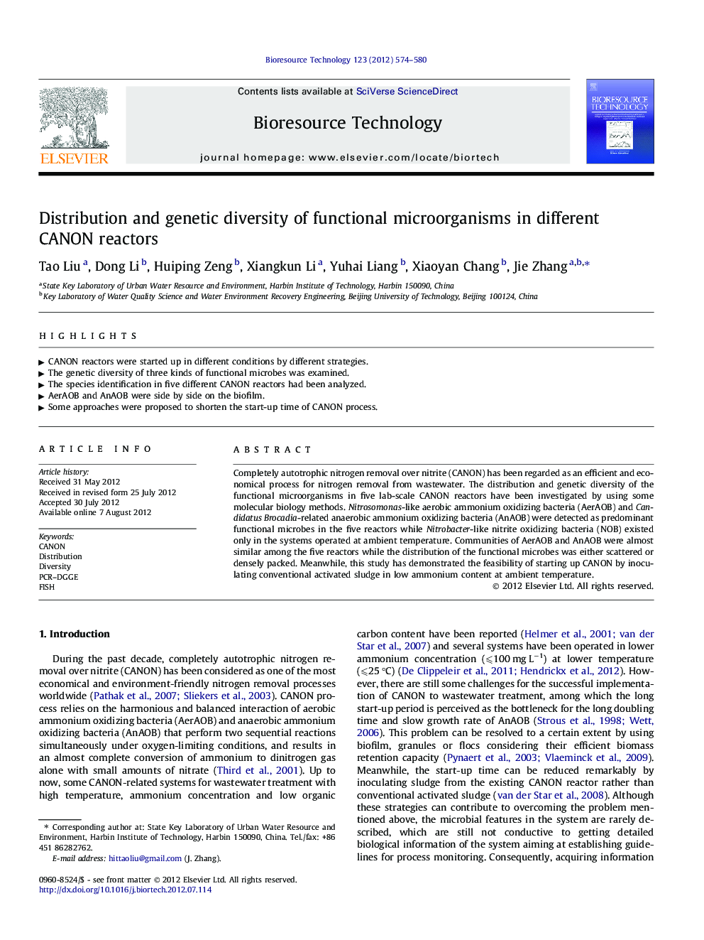 Distribution and genetic diversity of functional microorganisms in different CANON reactors