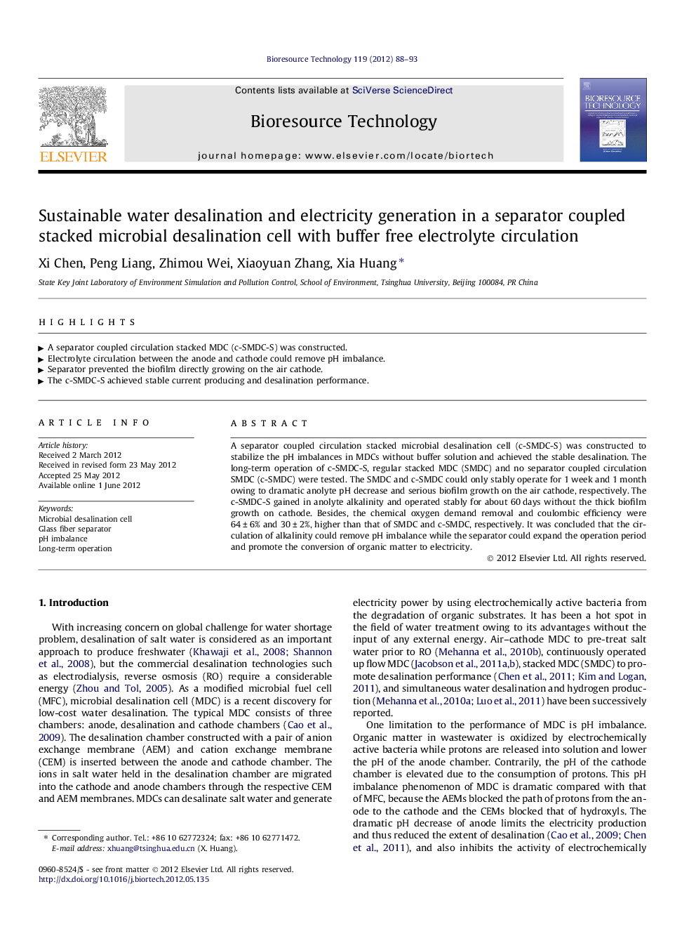 Sustainable water desalination and electricity generation in a separator coupled stacked microbial desalination cell with buffer free electrolyte circulation