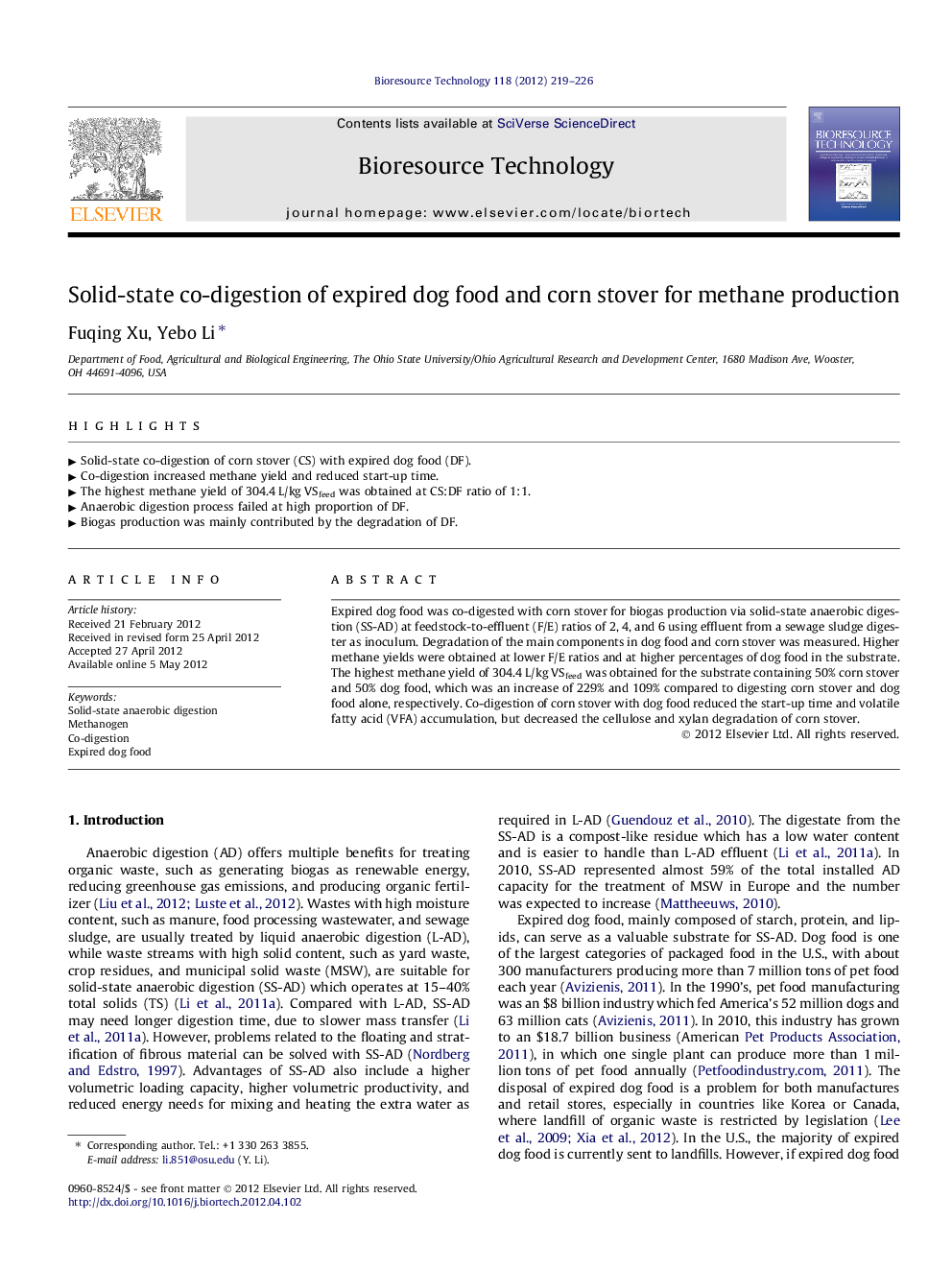 Solid-state co-digestion of expired dog food and corn stover for methane production