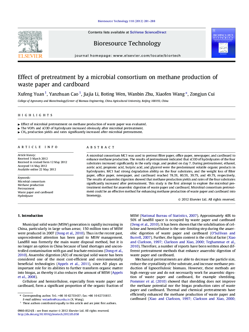 Effect of pretreatment by a microbial consortium on methane production of waste paper and cardboard