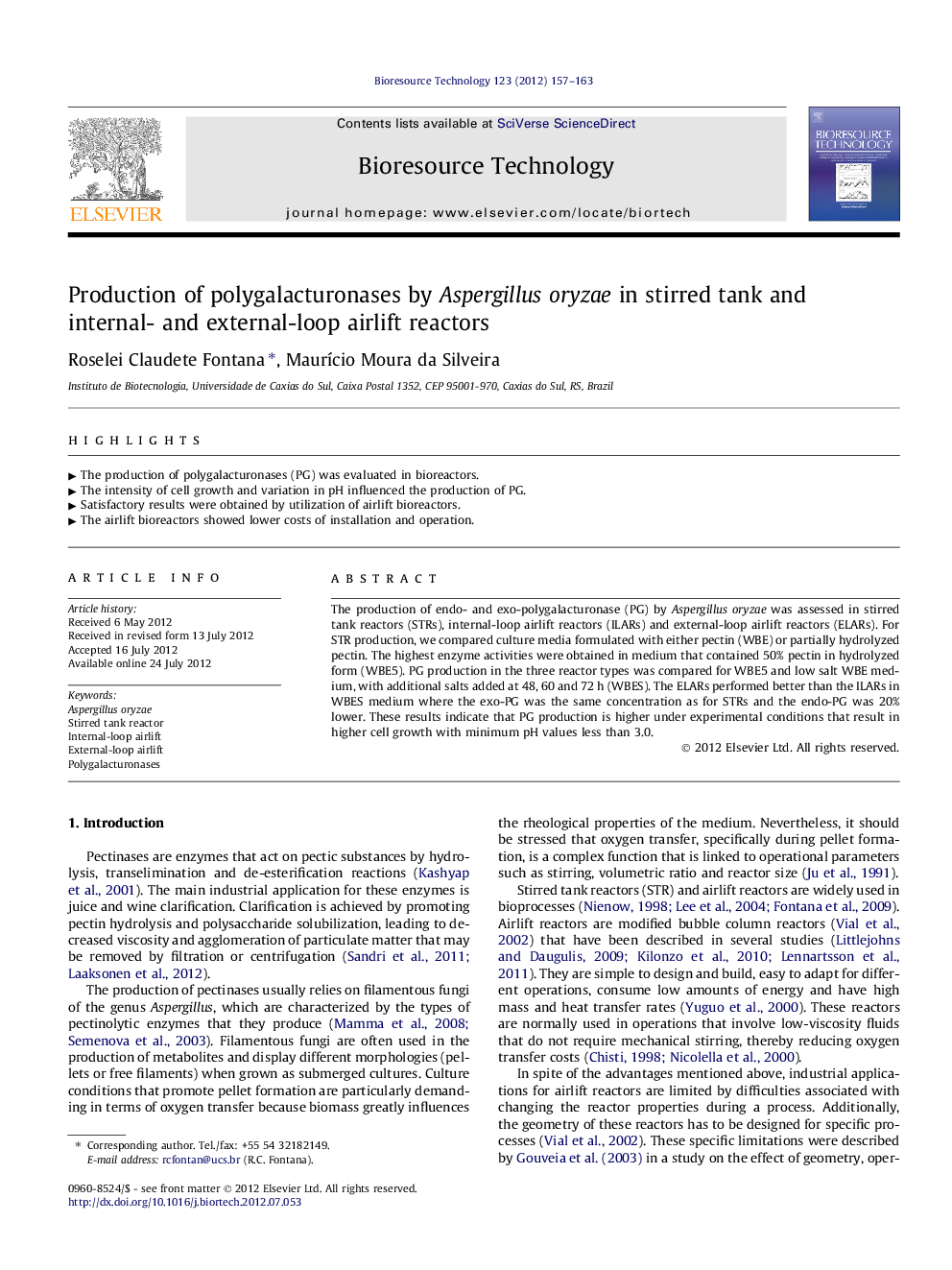 Production of polygalacturonases by Aspergillus oryzae in stirred tank and internal- and external-loop airlift reactors