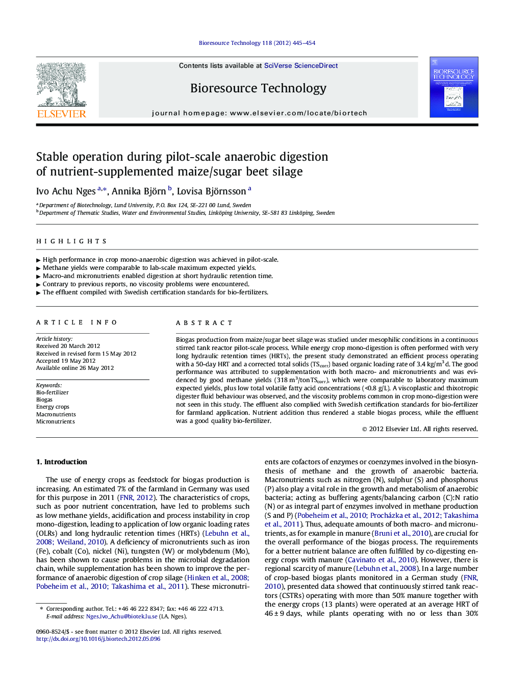 Stable operation during pilot-scale anaerobic digestion of nutrient-supplemented maize/sugar beet silage