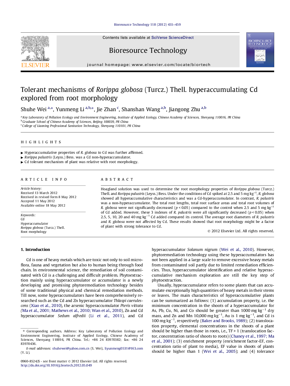 عکس صفحه اول مقاله: Tolerant mechanisms of Rorippa globosa (Turcz.) Thell. hyperaccumulating Cd explored from root morphology Tolerant mechanisms of Rorippa globosa (Turcz.) Thell. hyperaccumulating Cd explored from root morphology