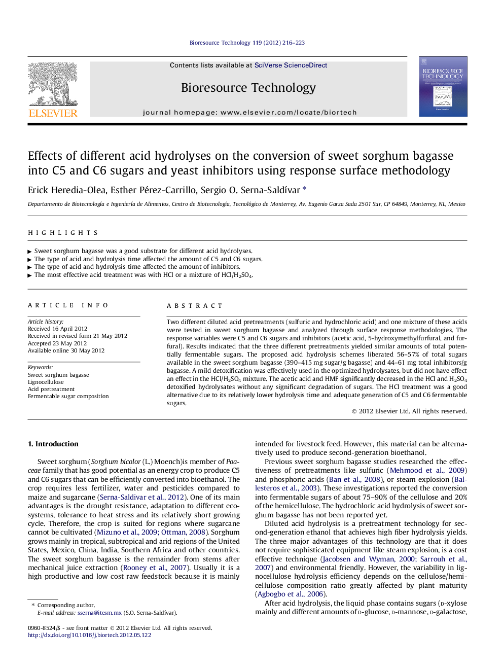 Effects of different acid hydrolyses on the conversion of sweet sorghum bagasse into C5 and C6 sugars and yeast inhibitors using response surface methodology