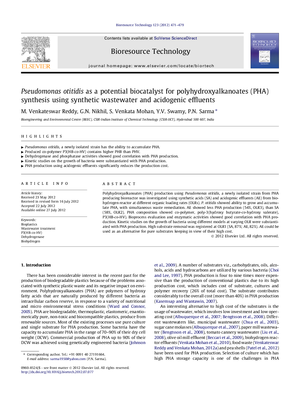 Pseudomonas otitidis as a potential biocatalyst for polyhydroxyalkanoates (PHA) synthesis using synthetic wastewater and acidogenic effluents