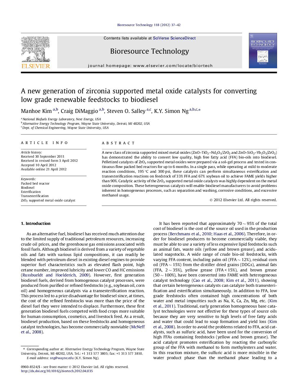 A new generation of zirconia supported metal oxide catalysts for converting low grade renewable feedstocks to biodiesel