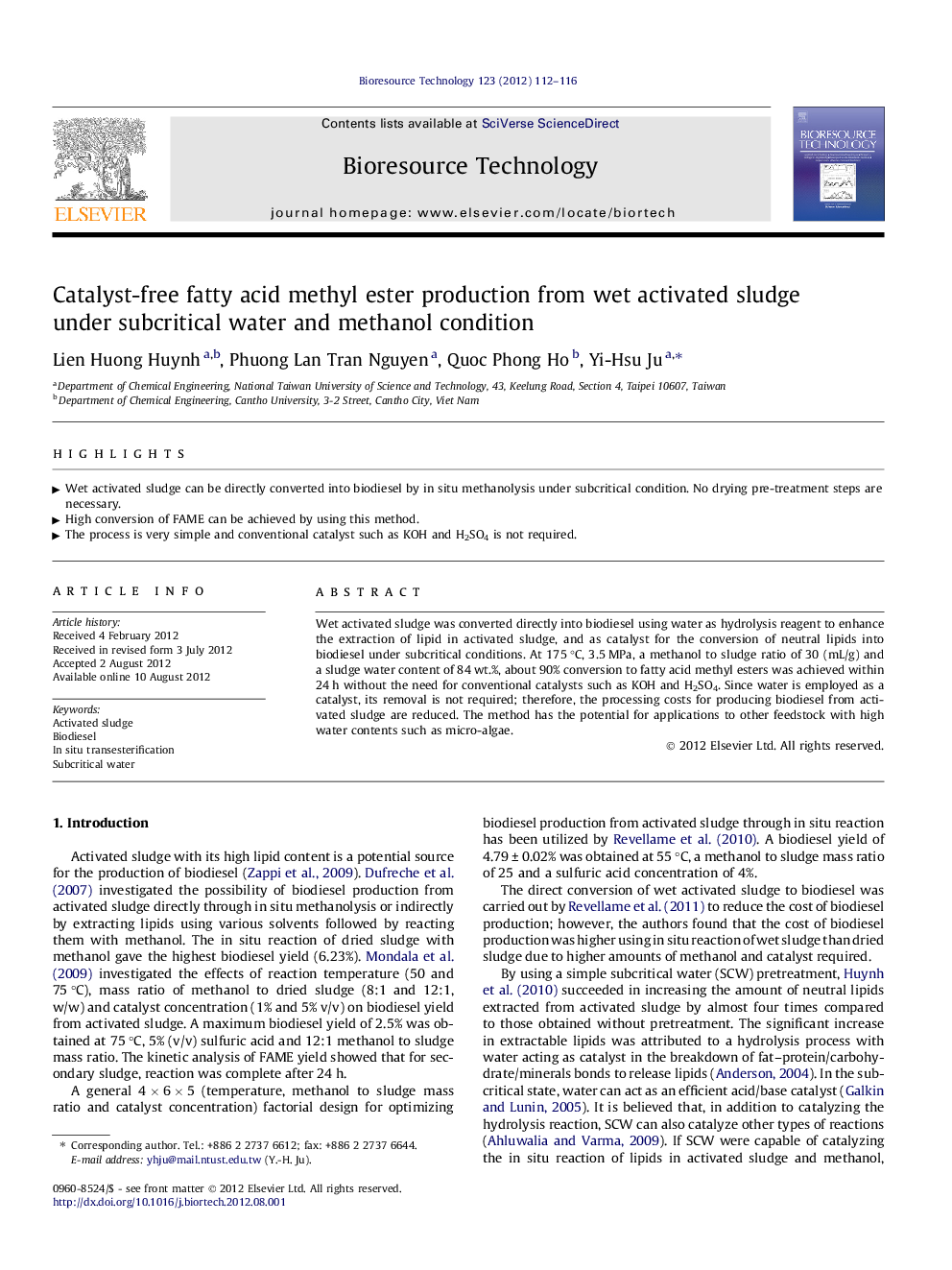 Catalyst-free fatty acid methyl ester production from wet activated sludge under subcritical water and methanol condition