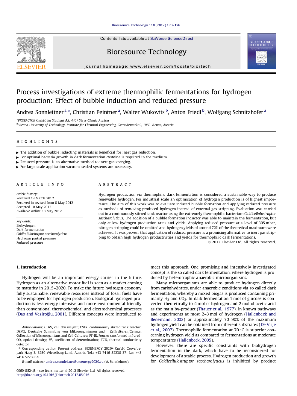 Process investigations of extreme thermophilic fermentations for hydrogen production: Effect of bubble induction and reduced pressure