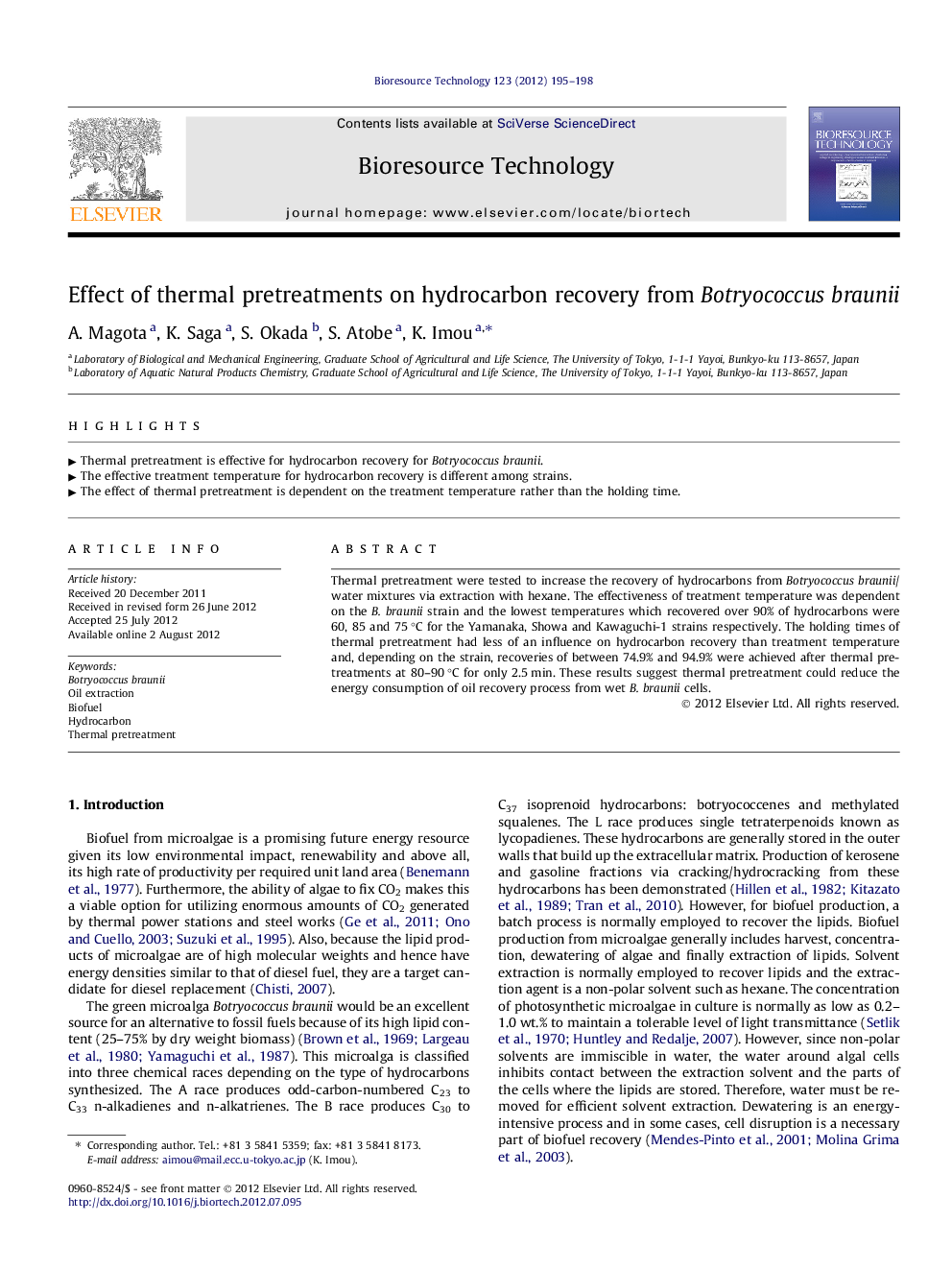 Effect of thermal pretreatments on hydrocarbon recovery from Botryococcus braunii