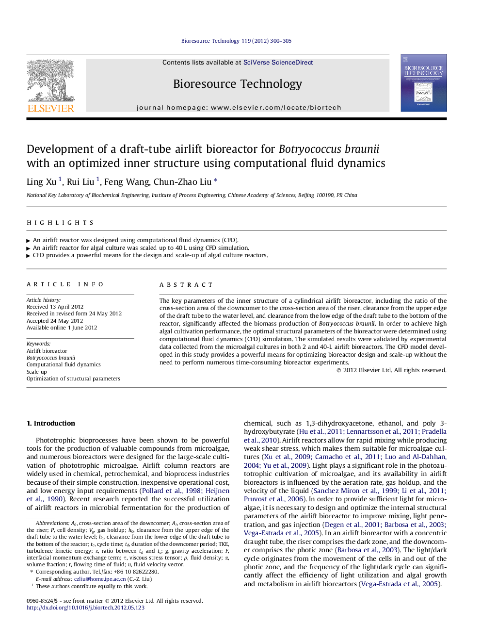 Development of a draft-tube airlift bioreactor for Botryococcus braunii with an optimized inner structure using computational fluid dynamics